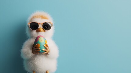 Fluffy chick with Easter egg, wearing sunglasses