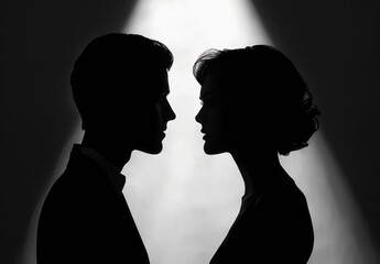 silhouetted man and woman facing each other closely with contrasted light and shadow creating intimate and mysterious mood