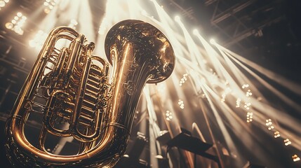 Naklejka premium Tuba on stage with bright lights.