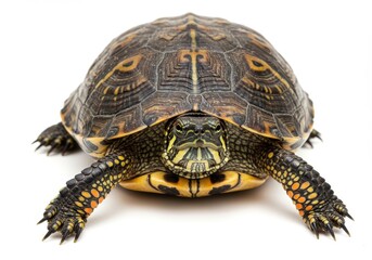 Fototapeta premium A close up shot of a turtle with a patterned shell on a white background facing the camera lens