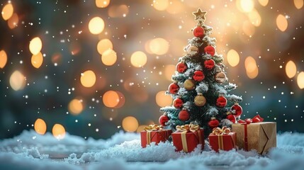 Obraz premium small decorated Christmas tree with red and gold ornaments surrounded by wrapped gifts and snow with warm glowing lights in the background, evoking a festive and joyful holiday atmosphere