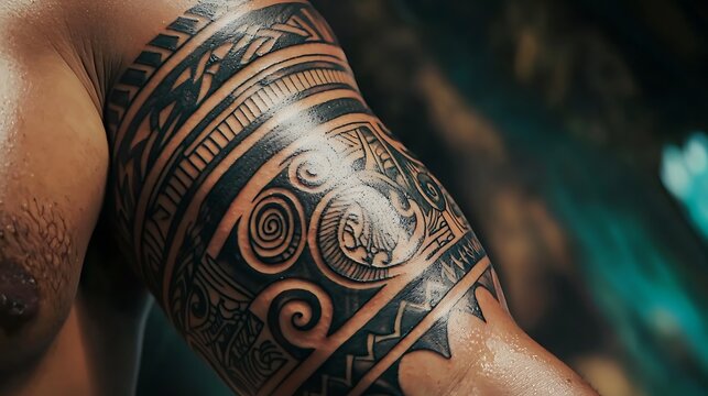 A man has a tattoo on his arm that is a combination of different designs