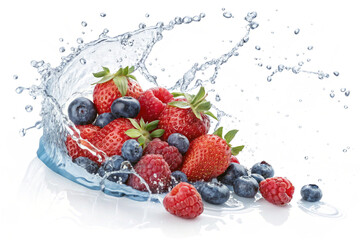 Strawberry, raspberry and blueberry, fresh berry mix in water splash cutout isolated on transparent background - generated by ai
