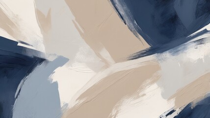 Modern abstract painting features layered brushstrokes in neutral and cool tones, creating texture.