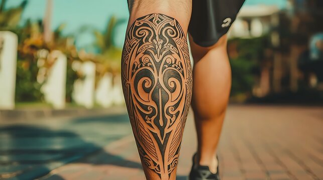 A man with a tattoo on his leg walks down a brick road
