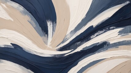 Modern abstract painting featuring layered brushstrokes in neutral tones and deep navy blue hues.