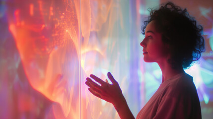 Woman interacting with holographic screen 