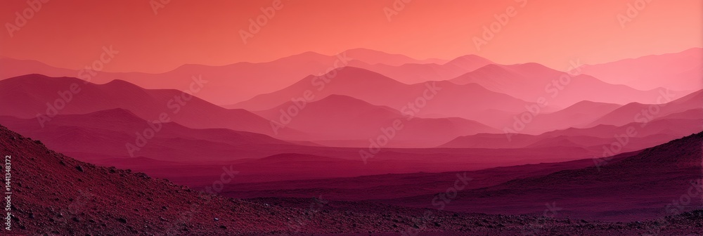 Poster ethereal mars terrain layered mountainous landscape in crimson gradients - futuristic planetary expl