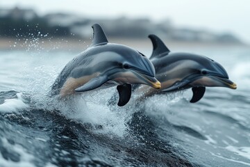 Two dolphins jump out of the water near a shore on a cloudy day.