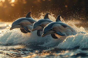Three dolphins jumping out of ocean waves at sunset with golden light.