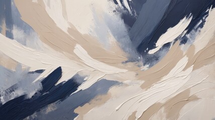 Modern abstract painting with dynamic layered brushstrokes in beige, white and deep blue hues.