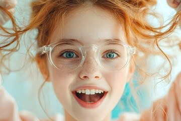 A joyful girl with red hair glasses and freckles is smiling wide. It shows happy emotions. Use this image for advertising youth products or joyful themes.