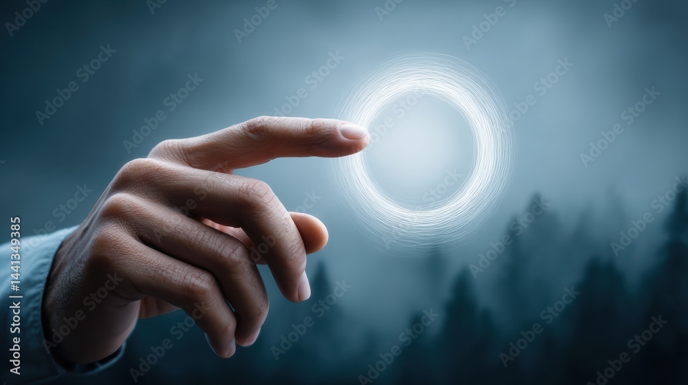 Aufkleber Precision Targeting in Digital Innovation Minimalist Futuristic Hand Interaction with Luminescent Holographic Interface for Strategic Business Targeting