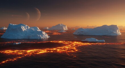 Icebergs floating in an ocean with lava rivers under a sunset and two planets in the sky