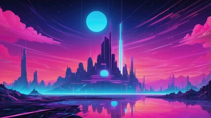 A futuristic cityscape reflected in a serene body of water under a large moon with a dreamy glow.