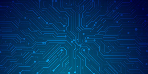 Abstract AI circuit board background. Technology connected blue lines with electronics elements on tech bg. Computer motherboard with a chip, processor, and semiconductor. Digital vector illustration
