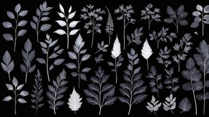 An array of delicate botanical specimens are captured in an xray style monochromatic illustration.