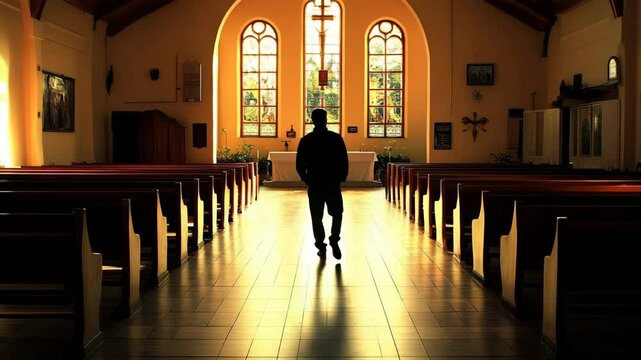 Silhouette of a person walking down the aisle of a traditional church towards the altar with a cross stained glass window.