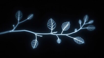 Botanical x-ray illustration showcases delicate leaves on a branch against a dark, stark background.