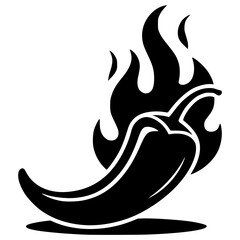 Silhouette of a chili pepper with flames coming off the top, stylized and dramatic, bold black vector on a clean white background  - Cinco de Mayo