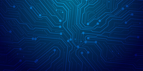 Abstract AI circuit board background. Technology connected blue lines with electronics elements on tech bg. Computer motherboard with a chip, processor, and semiconductor. Digital vector illustration