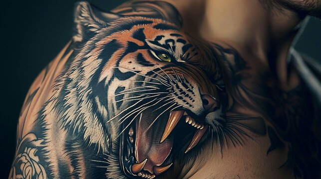 A man has a tiger tattoo on his chest