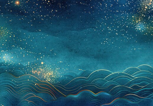 abstract deep blue ocean waves with golden accents under a starry sky filled with scattered glowing dots evoking a magical and calm night
