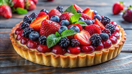 Delicious fruit tart with a sweet and tangy glaze, topped with an assortment of vibrant berries in shades of red