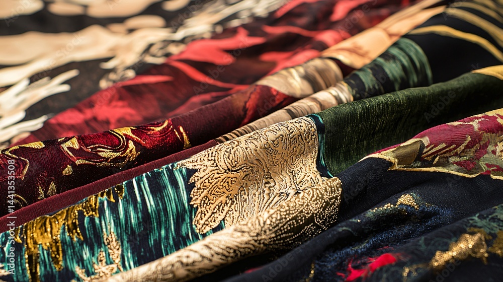 Poster collection of various colored fabrics displaying an array of textures and patterns showcasing the be