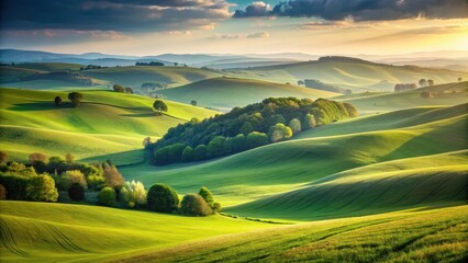 Obraz premium Serene rolling hills stretch towards a clear horizon over a lush green landscape with gentle undulations and subtle shades of vegetation, natural scenery, hills