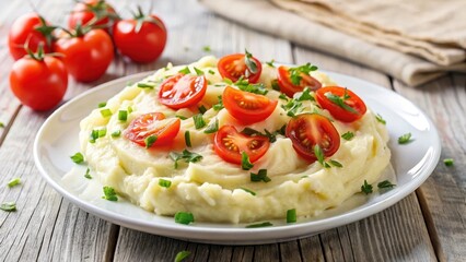 Hearty Creamy Mashed Potatoes with Fresh Tomato Pieces on a White Plate, savory side