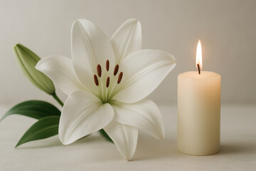 Obraz premium Serene scene with blooming white lily and glowing candle on peaceful background