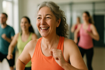 Smiling elderly woman enjoying group exercise class, feeling energized and happy in active lifestyle