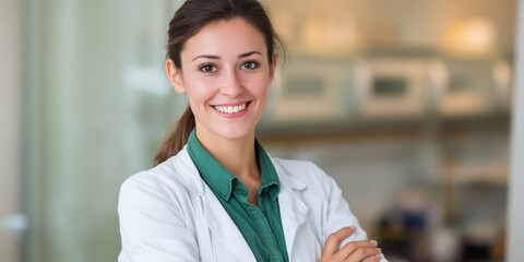 Confident female doctor in a laboratory setting, possible use for healthcare or science stock photos