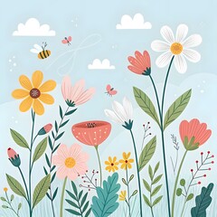 Fototapeta premium “Whimsical wildflower garden with colorful blooms and soft blue background.”