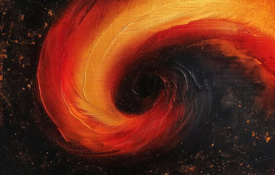 Abstract swirling vortex of fiery red, orange, and yellow hues blending into deep black background with textured brush strokes and scattered glowing specks conveying intense energy - Powered by Adobe