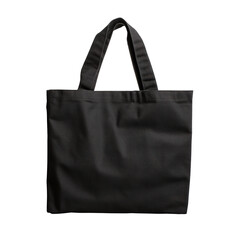 A black canvas bag with a black strap. The bag is empty. The bag is hanging on a white background