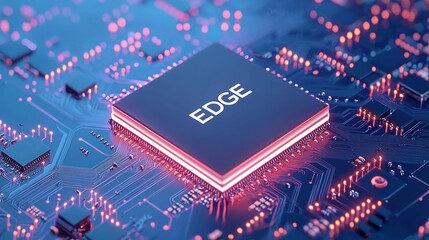 A glowing microchip labeled "EDGE" sits on a vibrant blue circuit board, symbolizing advanced technology and edge computing.