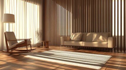 Fototapeta premium Modern living room, sunlight, wooden wall, relaxing