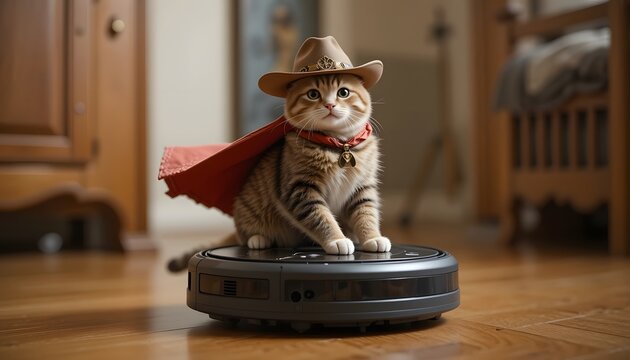 A cat riding a Roomba vacuum like a cowboy