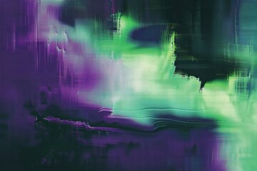 Obraz premium abstract digital painting with flowing green and purple hues blending with textured streaks and horizontal lines, evoking a mysterious and vibrant atmosphere