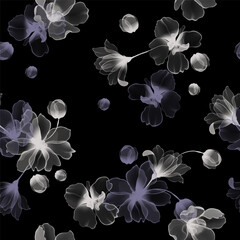Floral seamless pattern features translucent flowers in shades of white and purple on a black background. The flowers and leaves have a painterly, slightly abstract quality