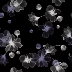 Fototapeten Floral seamless pattern features translucent flowers in shades of white and purple on a black background. The flowers and leaves have a painterly, slightly abstract quality © momosama