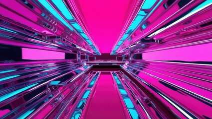 An abstract vision of a retrofuturistic corridor with vibrant pink and teal neon lighting elements.