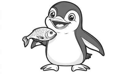 Cute cartoon penguin holding fish