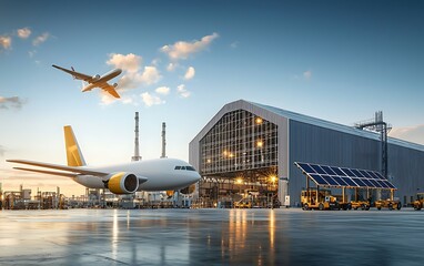 Cargo aircraft at an airport maintenance facility.  Sunrise setting