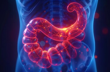 glowing red digestive system with highlighted blood vessels inside translucent blue human torso showing stomach and intestines with detailed vascular network