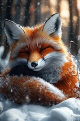 Fototapeta premium red fox curled up in a snowy landscape thick fluffy fur visible soft lighting cozy winter scene 
