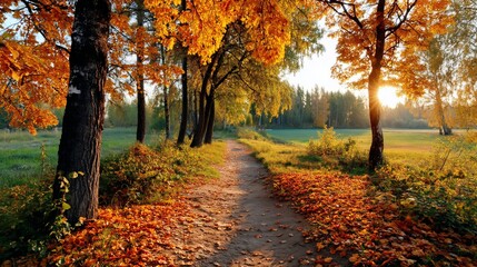 Autumn path through golden trees at sunrise; scenic country walk; perfect for a nature calendar or screensaver