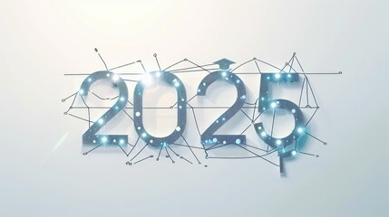 Futuristic glowing numbers forming 2025 with interconnected lines and nodes on a light background symbolizing technology and innovation
